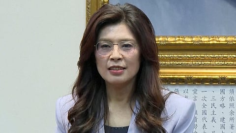 In this image taken from video, Taiwan opposition leader Cheng Li-wun delivers remarks ahead of her trip to China at the Kuomintang (KMT) headquarters in Taipei, Taiwan, on Tuesday, April 7, 2026.