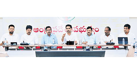 Minister for HRD and IT Nara Lokesh addressing the Cabinet Sub-Committee meeting at his residence in Undavalli on Tuesday