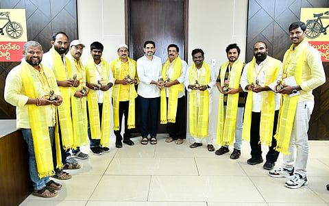 Minister for IT Nara Lokesh during meeting with 'My TDP App' top 10 performers at the central party office in Mangalagiri on Wednesday.