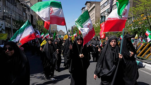 Government supporters gather to mark the 40th day since the death of Supreme Leader Ayatollah Ali Khamenei in Tehran, Iran, Thursday, April 9, 2026.