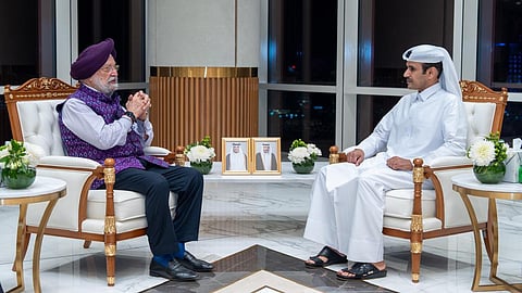 Union Minister for Petroleum and Natural Gas Hardeep Singh Puri with Qatar Minister of State for Energy Affairs, and President and CEO of QatarEnergy, Saad Sherida Al-Kaabi, in Doha.