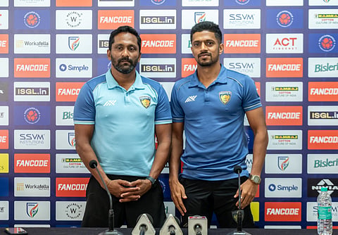 Chennaiyin FC's head coach Clifford Miranda and defender Manadr Rao Desai during the press conference