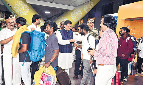 Union Minister Piyush Goyal and AIADMK leader D Jayakumar receiving Indian fishermen, who returned from Iran, at the Chennai airport on Saturday.