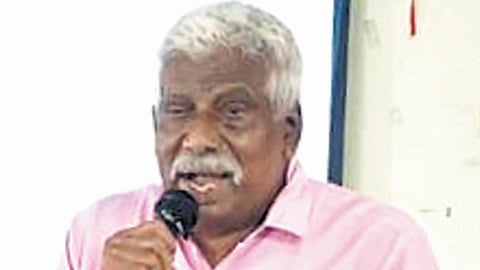 Retired headmaster Dasari Vijayanand Rao addresses an awareness programme at the District Resource Center in Nizamabad district recently