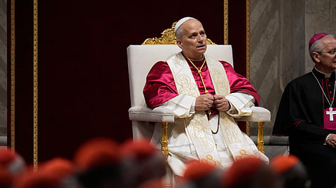 Pope Leo XIV leads a vigil for peace inside St. Peter's Basilica at the Vatican, Saturday, April 11, 2026.