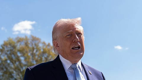 US President Donald Trump speaks with reporters during the White House Easter Egg Roll on the South Lawn of the White House, Monday, April 6, 2026, in Washington.