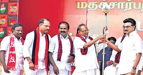 Chief Minister and DMK leader M K Stalin being felicitated during his election campaign in Pudukkottai on Saturday.