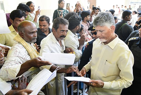 CM Chandrababu Naidu accepts representations from the public at the TDP central office in Mangalagiri on Saturday