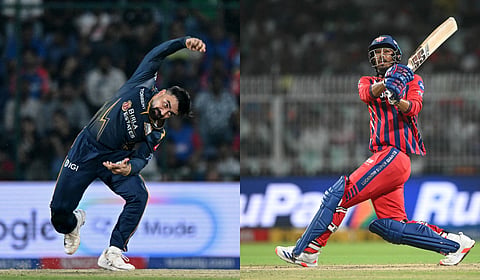 Gujarat Titans' Rashid Khan (L) and Lucknow Super Giants' Mukul Choudhary