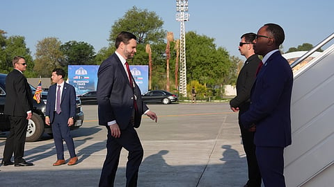 Vice President JD Vance boards Air Force Two after attending talks on Iran in Islamabad, Pakistan, Sunday, April 12, 2026