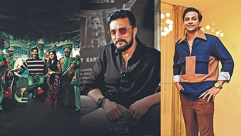 From L to R: A poster for Mango Pachcha, Kichcha Sudeepa, Dhananjaya
