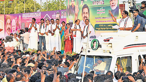 AIADMK general secretary Edappadi K Palaniswami addressing a campaign meeting in Tiruchy on Monday