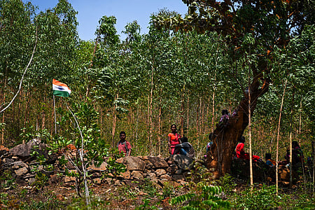 Villagers stand guard in Sijimali hill forest next to a national flag while protesting after violence