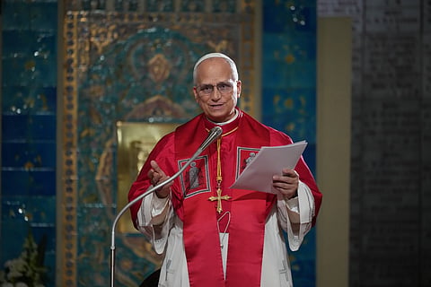 Pope Leo XIV meets the Algerian Community in the Basilica of Our Lady of Africa in Algiers, Monday, April 13, 2026, on the first day of an 11-day apostolic journey to Africa.