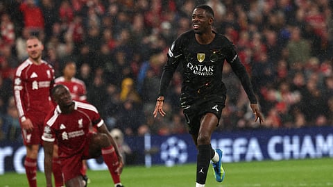 PSG's Ousmane Dembele celebrates scoring his team's first goal during the UEFA Champions League quarter final, second-leg football match between Liverpool and Paris Saint-Germain on April 14, 2026.