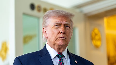 US President Donald Trump speaks with reporters outside the Oval Office of the White House, Monday, April 13, 2026, in Washington.