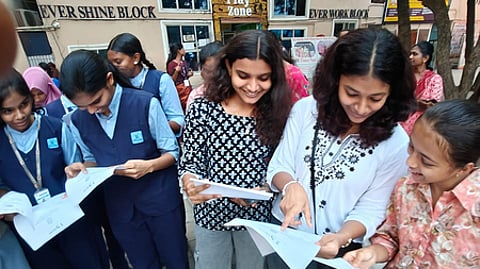 Students check the CBSE results at a private school in Chennai