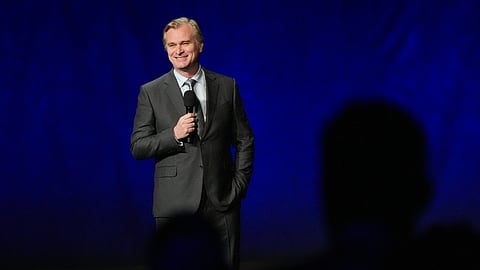 Christopher Nolan, director of the upcoming film "The Odyssey," speaks during the Universal Pictures and Focus Features presentation at CinemaCon on Wednesday, April 15, 2026, at Caesars Palace in Las Vegas.