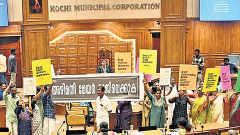 Opposition councillors protest demanding resignation of Mayor V K Minimol
