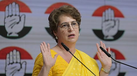 Congress General Secretary Priyanka Gandhi Vadra addresses a press conference at AICC in New Delhi on Saturday.