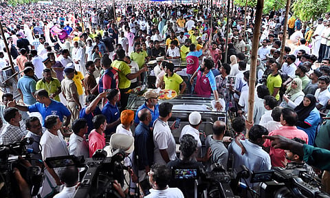 A massive gathering at Ambalaparamb Government High School ground as people pay their final respects to the teaching and non-teaching staff of Kuruva GLPS and GUP School Pang who died in Valaparai tragedy after their mortal remains were brought for public homage.