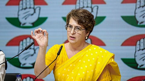 General Secretary of the All India Congress Committee (AICC) Priyanka Gandhi Vadra addresses a press conference at the party's headquarters in New Delhi.