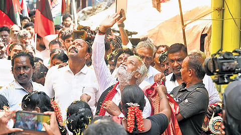 DMK candidate and Minister P K Sekarbabu campaigning in the Harbour constituency on Sunday.