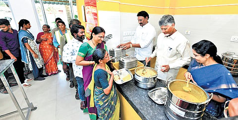 CM Nara Chandrababu Naidu along with his wife Nara Bhuvaneswari serves food to mark birthday at Anna Canteen in Vijayawada on Monday