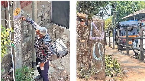 Salamath writing mazha on an electric post (L); Salamath’s writing on a wall