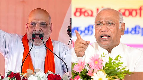 Union Home Minister Amit Shah (L) and Congress President Mallikarjun Kharge (R).