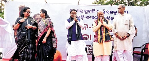 CM Mohan Charan Majhi, deputy CMs KV Singh Deo and Pravati Parida, and state BJP chief Manmohan Samal at Jana Aakrosh Mahila Samabesha in Bhubaneswar