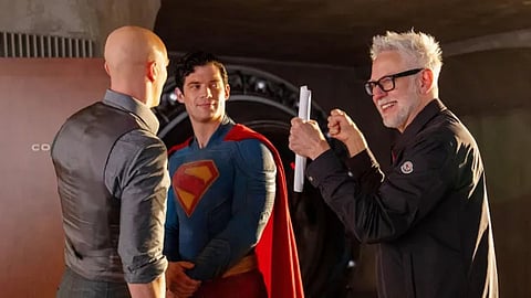 Man of Tomorrow director James Gunn with David Corenswet and Nicholas Hoult