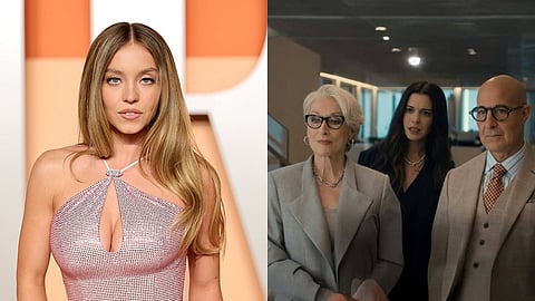 (L) Sydney Sweeney; (R) The Devil Wears Prada 2 poster