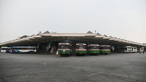 The Mahatma Gandhi Bus Station wearing a deserted look with sparse passenger movement on the second day of the TGSRTC employees' strike