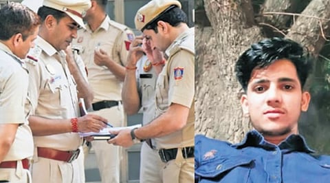 Investigators outside the crime scene in Kailash HIlls (L) the accused Rahul Meena