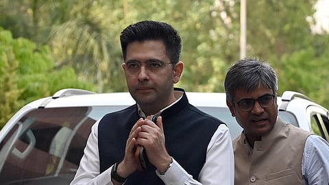 Rajya Sabha MPRaghav Chadha arrive to meet BJP National President Nitin Nabin at the party's headquarters.