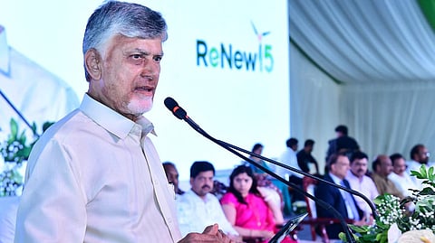 CM Nara Chandrababu Naidu during the foundation of ReNew Energy Global at Rambilli in Anakapalli district on Thursday.