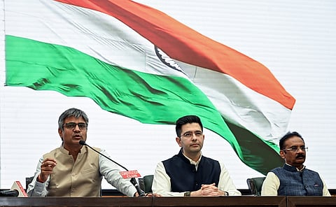 AAP MPs Raghav Chadha, Sandeep Pathak, and Ashok Mittal during a press conference, at Constitution Club, in New Delhi on Friday.