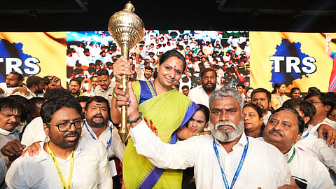 K Kavitha at the launch of a new political party Telangana Rashtra Sena