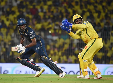 Gujarat Titans' B Sai Sudharsan plays a shot against Chennai Super Kings at the MA Chidambaram Stadium on Sunday