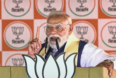 Prime Minister Narendra Modi addresses a public meeting for West Bengal Assembly elections, at Bongaon in North 24 Parganas.