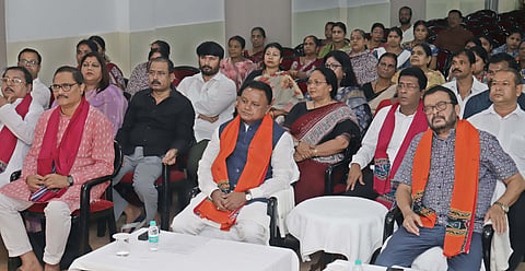 CM Mohan Charan Majhi and Revenue minister Suresh Pujari along with party leaders listening to the ‘Mann Ki Baat’ programme at state BJP office