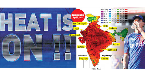 (From left) Big screen at Arun Jaitley Stadium during PBKS vs DC game on Saturday afternoon; Heat wave map from IMD; PBKS Marco Jansen during training