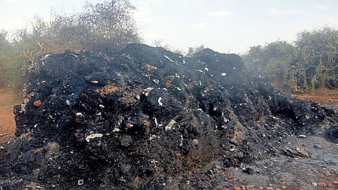 The biomedical waste dumped on road and set on fire on the outskirts of Tirunelveli city on Sunday. Probe is on to find out where it came from.