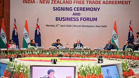 Union Minister of Commerce and Industry Piyush Goyal at the India-New Zealand Business Forum at Bharat Mandapam, in New Delhi on Monday. New Zealand's Trade and Investment Minister Todd McClay also present.