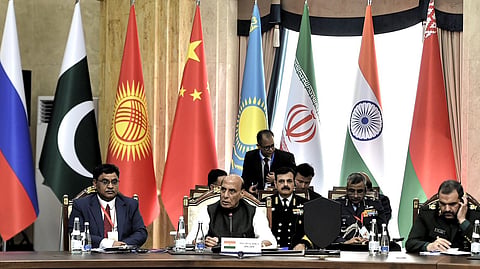 Defence Minister Rajnath Singh addressed the Shanghai Cooperation Organisation (SCO) Defence Ministers’ Meeting in Bishkek in the presence of Pakistan Defence Minister Khawaja Asif.