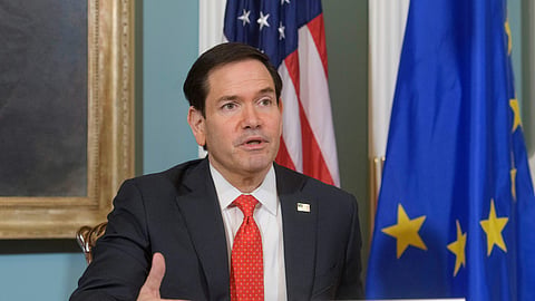 Secretary of State Marco Rubio, speaks during a Memorandum of Understanding signing ceremony with EU Commissioner for Trade and Economic Security Maros Sefcovic, at the State Department, Friday, April 24, 2026, in Washington.