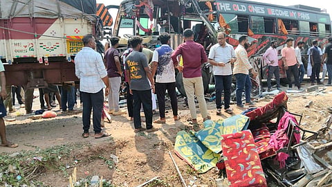 A tourist bus ferrying about 47 students of a Kuvempu University College in Shivamogga district rammed into two trucks on Panvel-Kanniyakumari NH 66 on April 29, off Trasi Beach in Udupi district.