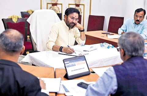 Union Minister G Kishan Reddy holds a review meeting with representatives of
oil marketing companies in Hyderabad on Wednesday.