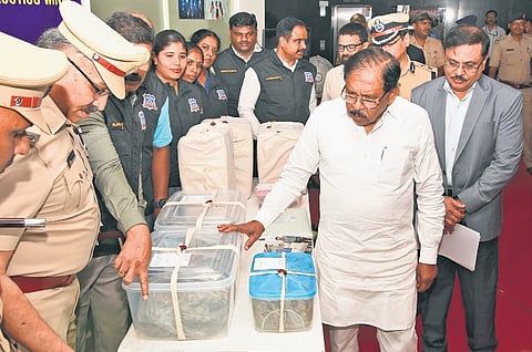 Home Minister G Parameshwara inspects drugs worth Rs 36.67 crore seized by the Central Crime Branch, at the city police commissionerate on Wednesday